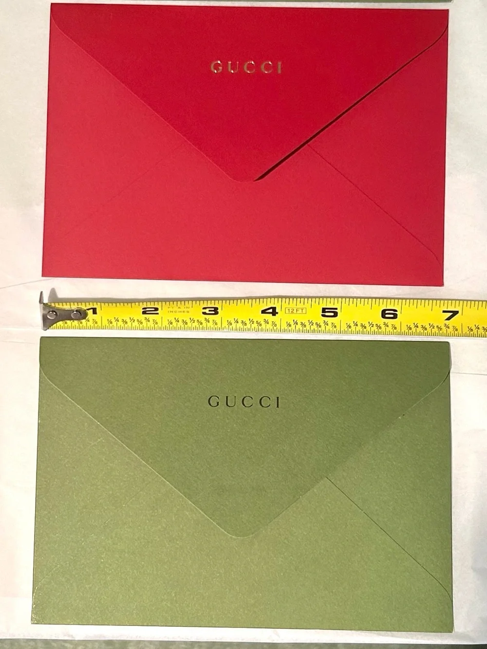 Authentic Gucci Collectible Green/Red Logo Embossed Presentation Envelope Trio.